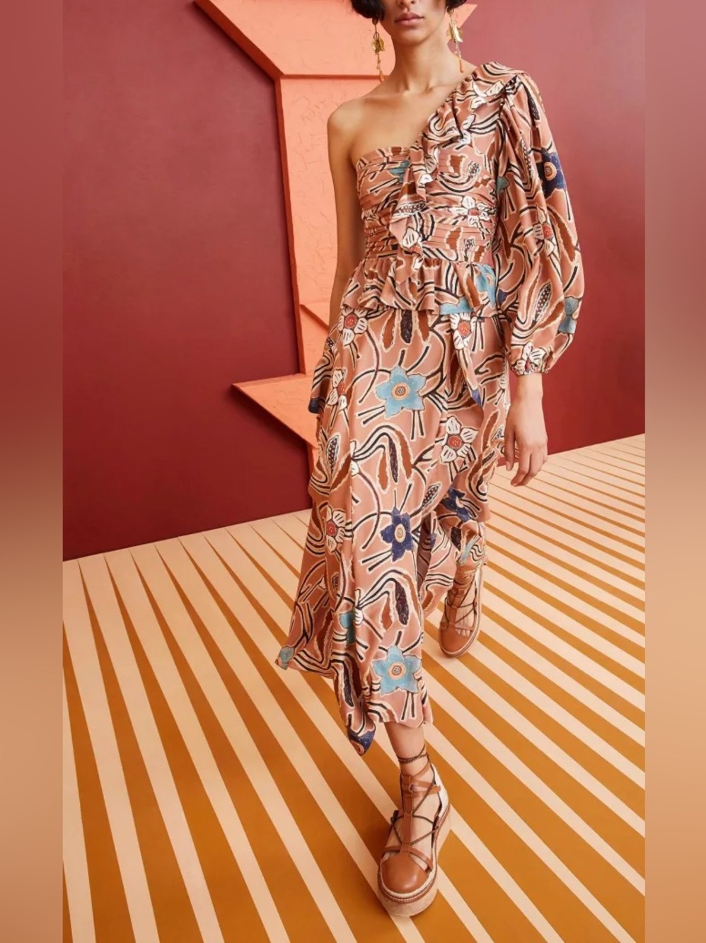 Ulla Johnson Mariam One Shoulder 100% Silk Midi Dress Copper Floral Ruffl Size 2